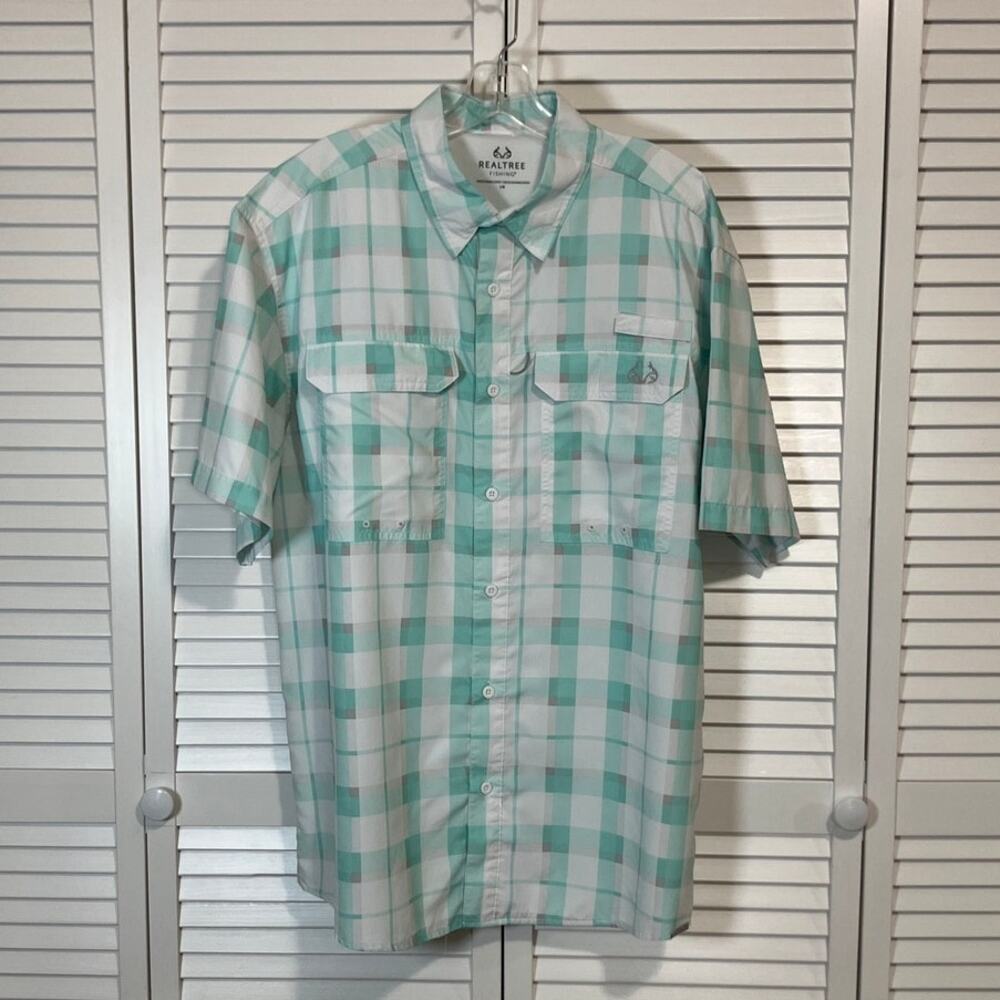 Realtree Fishing UPF 40+ Aruba Blue Creekside Plaid Vented Shirt Men L